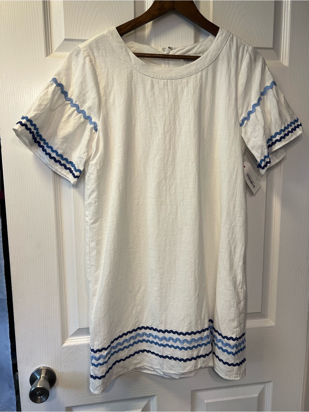 Aura White Mini Dress with Blue Wave Trim